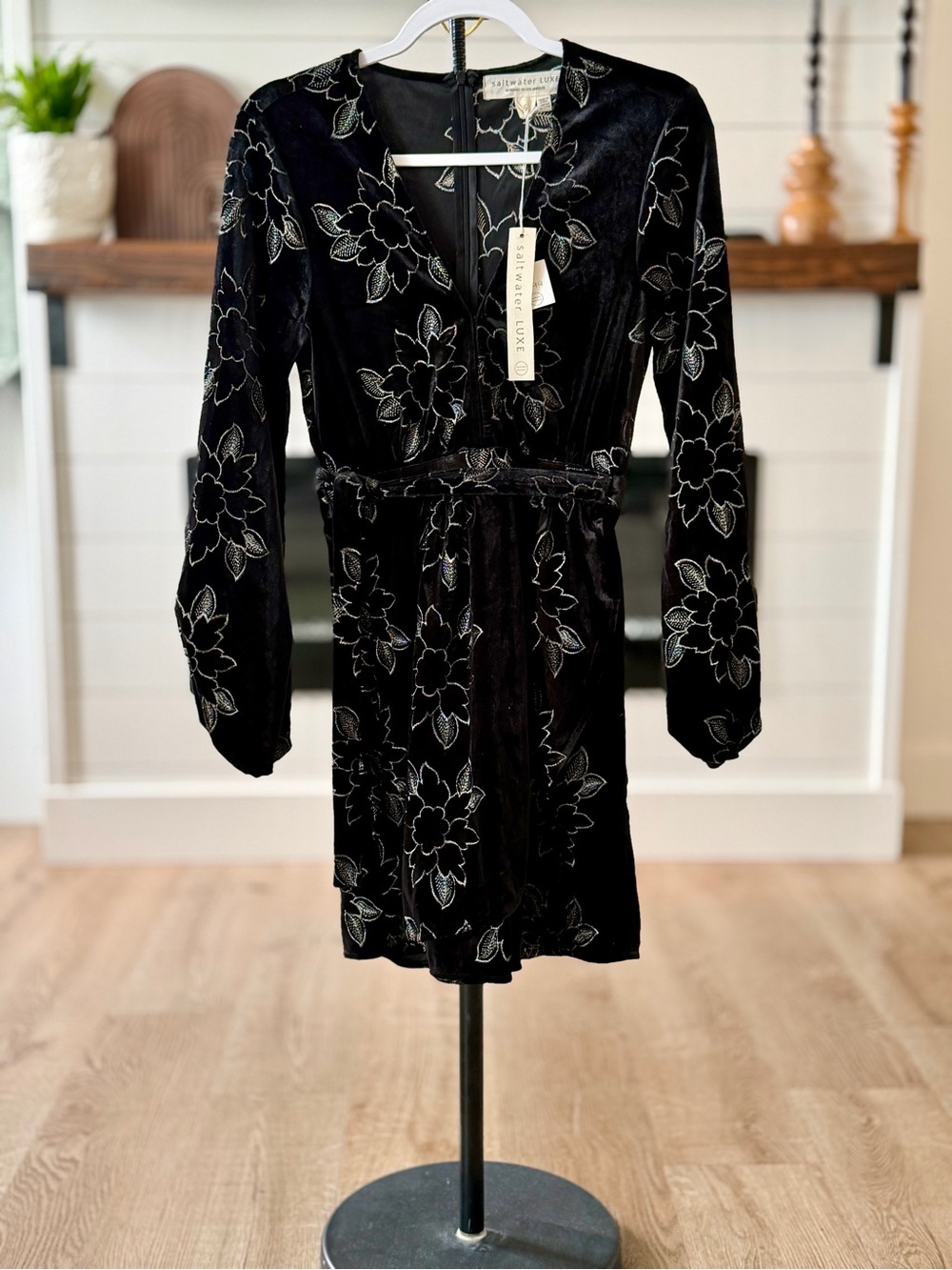 saltwater LUXE Black Velvet Floral Wrap Dress with gold Accents